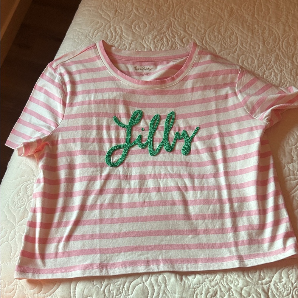 Lilly Pulitzer Pink and White Striped Top with Green beaded Logo